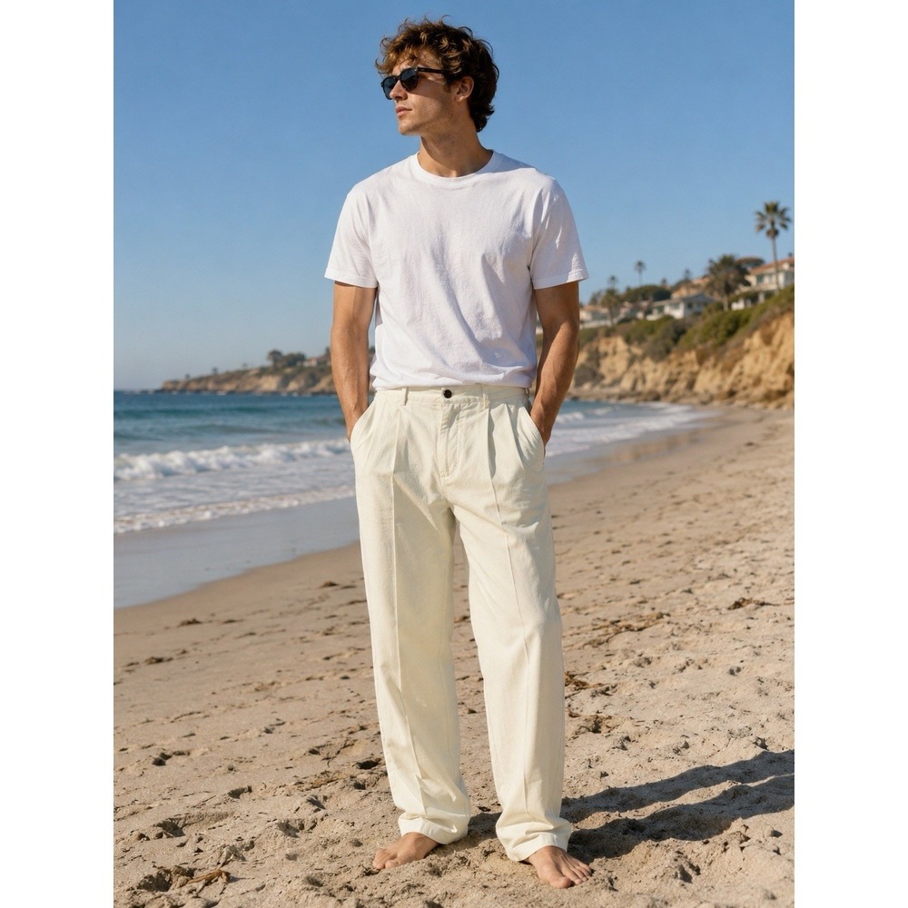 Caribbean Joe Pants Mens 32x34 Ivory Easy Care Pleated Dress Travel Classic New